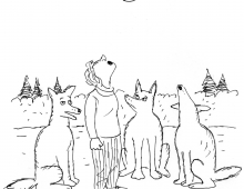 cartoon of a woman and three wolves howling at the moon.